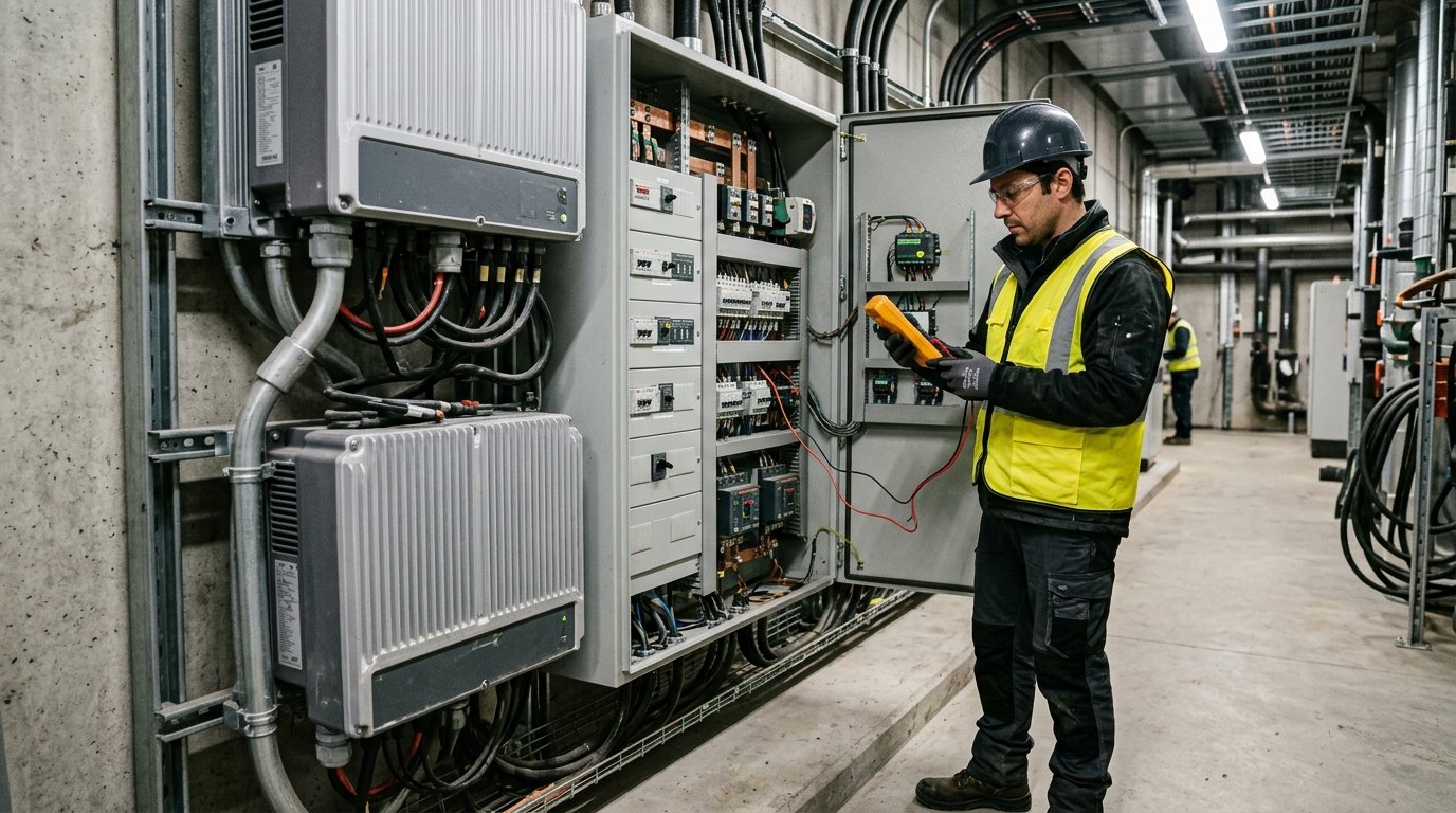 Technician testing commercial inverter and electrical switchgear