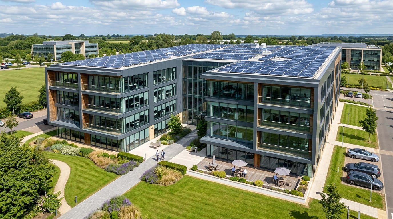 Modern corporate office building with solar panels