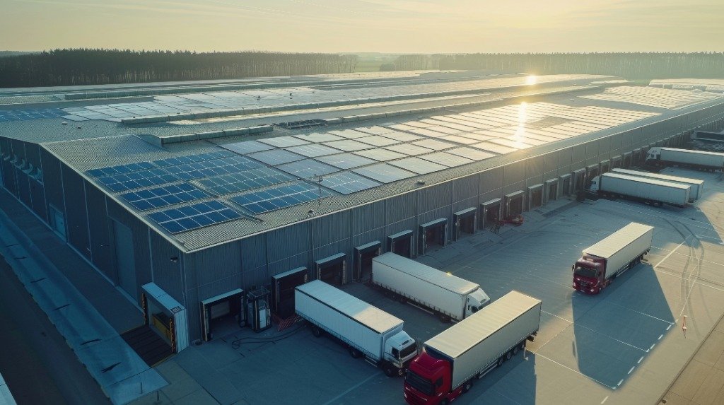 Solar panels on large distribution warehouse roof