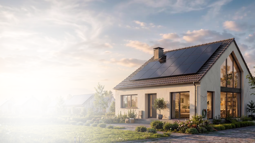 Modern UK residential home with rooftop solar panels at sunset